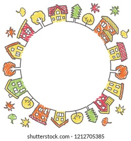 circle of houses and trees - rough line and scribble color - autumn version