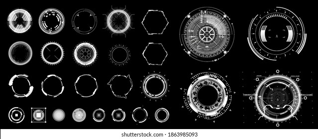 Circle HUD elements for UI, UX, GUI. Set abstract digital circular shapes. Sky-fi interface objects, hologram VR gadgets round, spiral and other elements of the interface HUD. Vector flat collection