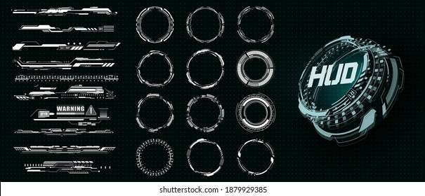 Circle HUD elements for UI, UX, GUI, FUI. Set abstract digital circular shapes. Bar labels, info call box bars. Futuristic info boxes layout templates. Set of Sci Fi Modern User Interface Elements.