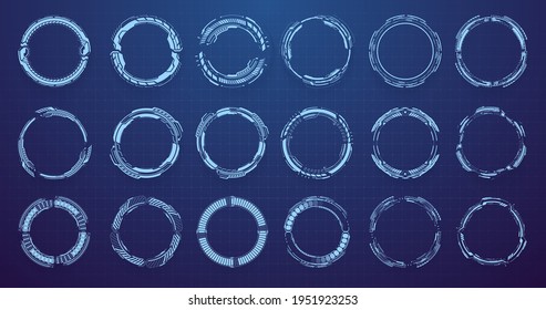 Circle HUD elements for UI, UX, GUI, FUI. Set abstract digital circular shapes. Circle Sci-fi elements on isolated blue background. Concept Futuristic User Interface for graphic motion. Vector