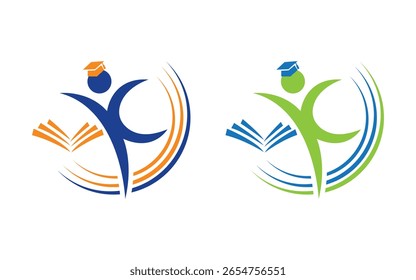 Circular logotipo de educação humana com livro e tampa de graduação para escolas e instituições