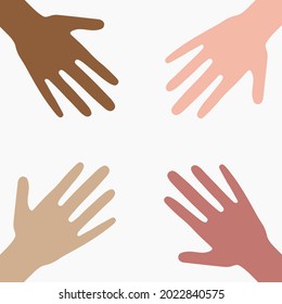 A circle from human hands flat illustration. Hands different colors of skin and race vector collection. Concept of international support, unity, parthnership.