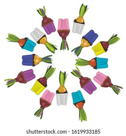 The circle of hyacinths in the colorful cups. Vector drawing. For the design of labels, stickers, and other printing.
