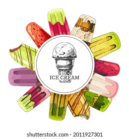 un círculo de helados, muchas paletas, un dibujo colorido,