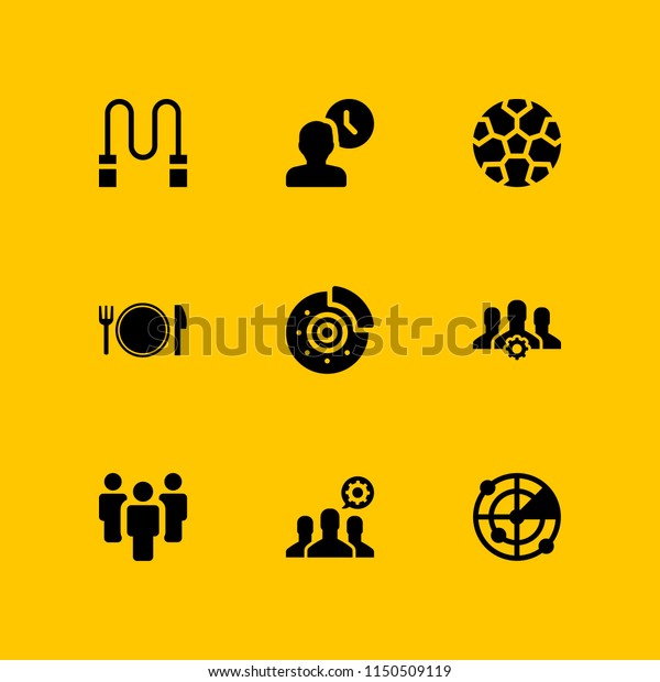 circle icon. 9 circle set\
with team, clock, disc brake and rope vector icons for web and\
mobile app