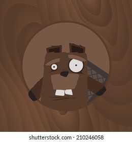 Circle icon, with beaver. Abstract emotional beaver. Cartoon style. Wood texture, on background. Use for card, poster, brochure, banner, app, web design. Easy to edit. Vector illustration - EPS10.