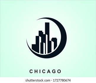 circle icon city silhouette building chicago background, vector illustration