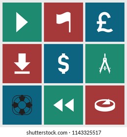 Circle icon. collection of 9 circle filled icons such as download, sundial, compass, dollar, pound, fan, flag, play. editable circle icons for web and mobile.
