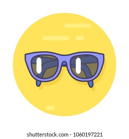 Circle icon depicting pair of folded unisex shades. Vector illustration of dark blue wayfarer sunglasses against yellow background