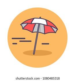 Circle icon depicting sandy beach. Vector illustration of red-and-white sun umbrella lying on scorching sand and casting small shadow