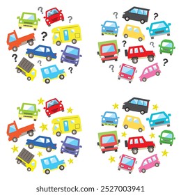 circle icon gallery of various car - color medium size version - question mark and star