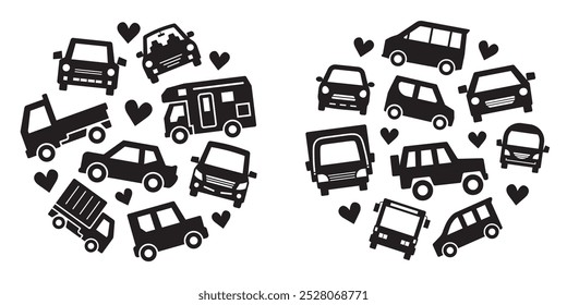Icono de círculo Galería de varios coches - silueta Versión de tamaño Mediano - marca del corazón