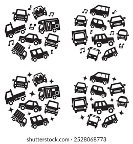 circle icon gallery of various car - silhouette medium size version - twinkle and musical note