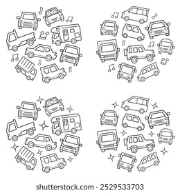 circle icon gallery of various car - line drawing medium size version - twinkle and musical note