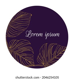 Circle icon with hand drawn palm plant leaves for social network, stories, wedding and celebrations, place for text, isolated vector illustrations