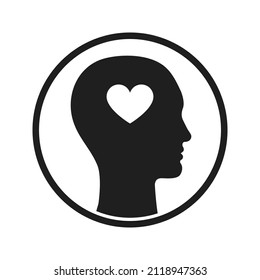 Circle icon of human silhouette with heart in head. Mental health or love feeling concept.