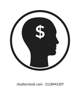 Circle icon of human silhouette profile with dollar sign in head.	