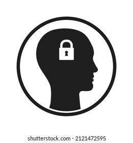 Circle icon of human silhouette profile with padlock in head. Human with lock mind.