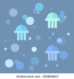 Circle icon, with jellyfish, and bubbles. Flat water elements, for your design. Flat design. Easy to edit. Vector illustration - EPS10.