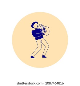 Circle icon with musician expressively playing on saxophone, line art style isolated vector illustration