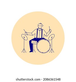 Circle icon with musician playing on drums and cymbals in line art style, isolated vector illustration