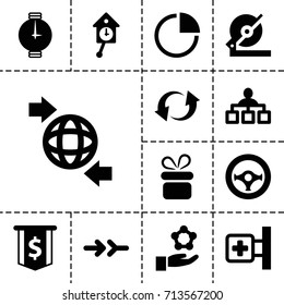 Circle icon. set of 13 filled circle icons such as present, structure, circular saw, medical cross, qround the globe, update, pie chart, steering wheel, arrow, wrist watch