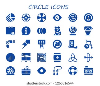  circle icon set. 30 filled circle icons. Simple modern icons about  - Pie chart, Windrose, Propeller, Eye, Discount, Speedometer, Info, Information, Balls, Owl, Webcam, Toilet