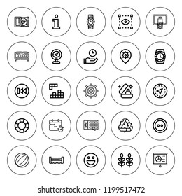 Circle icon set. collection of 25 outline circle icons with ball, basketball, compact disc, button, deadline, emot, information, lifesaver, gps, meter icons. editable icons.