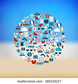 Circle icon set. Flat summer icon on blur background. 