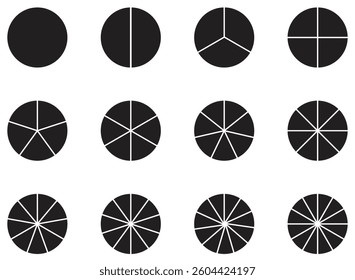 Circle icon set showing divided round shapes with multiple slice levels from 2 to 12 sections in black.