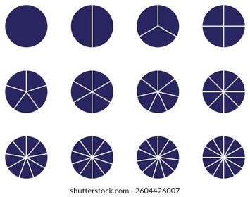 Circle icon set showing divided round shapes with multiple slice levels in dark blue.