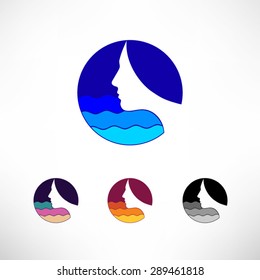 Circle icon set vector logo. Head, hair and waves. Female think sea.