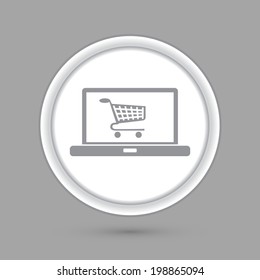 circle icon with a shadow, notebook with symbol shopping cart, shopping in Internet-shop