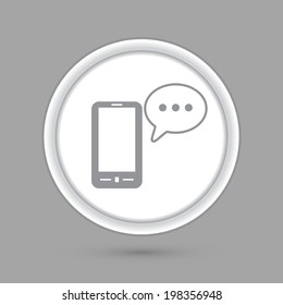 circle icon with a shadow, smartphone with the symbol of  cloud of speaking dialogue