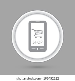 circle icon with a shadow, smartphone with the symbol cart online store