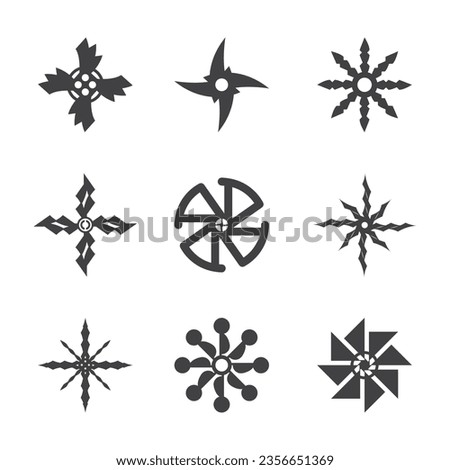 Circle Icon Shuriken Warrior Ninja. Stars weapon japanese flat and saw circles. Japan knife. Sun icons flower black