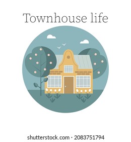 Circle icon with small cute townhouse with fruit trees and flowers, south style house, summerhouse, isolated flat vector illustration