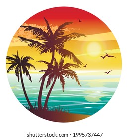 Icono de círculo con paisaje tropical. Isla Paraíso. Ilustración vectorial.