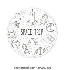 Circle with icons filled in simple forms. Space travel.  Space icons  modern line style vector. Cosmos icons isolated black background. Space series. Space exploration and adventure symbol.