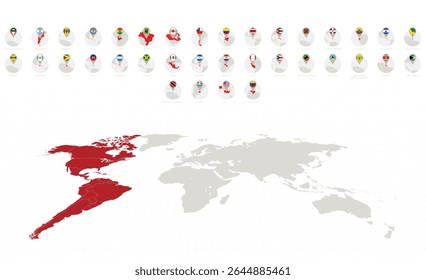 Circle Icons with Flags and Maps of American Countries, Alphabetically Sorted. Vector Collection