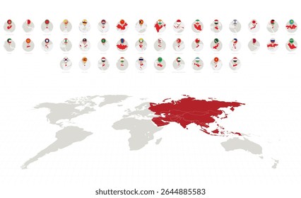 Circle Icons with Flags and Maps of Asian Countries, Alphabetically Sorted. Vector Collection