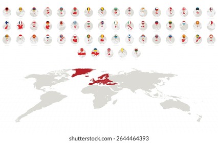 Ícones circulares com bandeiras e mapas de países europeus, ordenados alfabeticamente. Coleção de Vetores