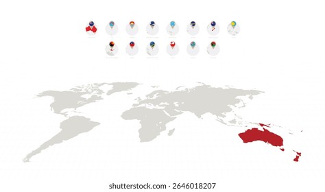 Circle Icons with Flags and Maps of Oceanian Countries, Alphabetically Sorted. Vector Collection