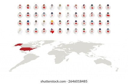 Circle Icons with Flags and Maps of US States, Alphabetically Sorted. Vector Collection