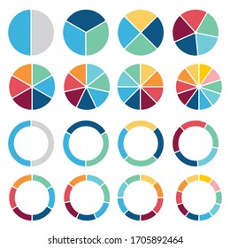 Circle icons for infographic. Colorful diagram collection with  2,3,4,5,6,7,8,9 sections and steps. Pie chart for data analysis, business presentation, UI, web design. Vector illustration. isolated on