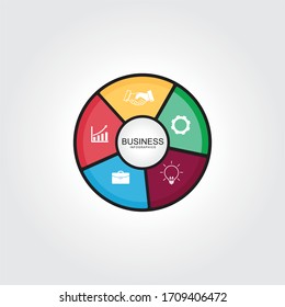 Circle icons for infographic. Colorful diagram with 5 sections and steps. Pie chart for data analysis, business presentation, UI, web design. Vector illustration. isolated on white