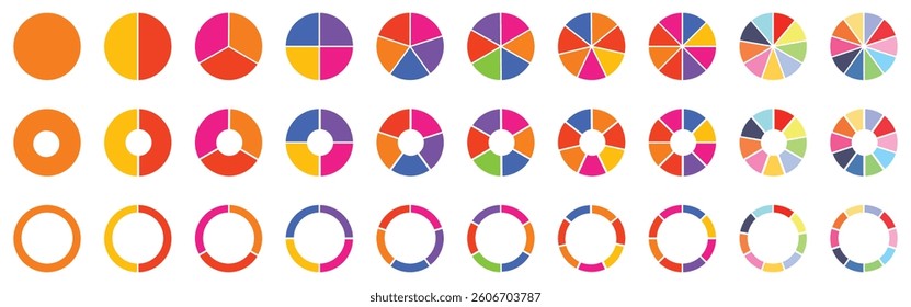 Circle icons for infographic. Colorful diagram collection with  ,3,4,5,6,7,8 sections and steps. Pie chart for data analysis, business presentation, UI, web design. Vector-eps 10. 