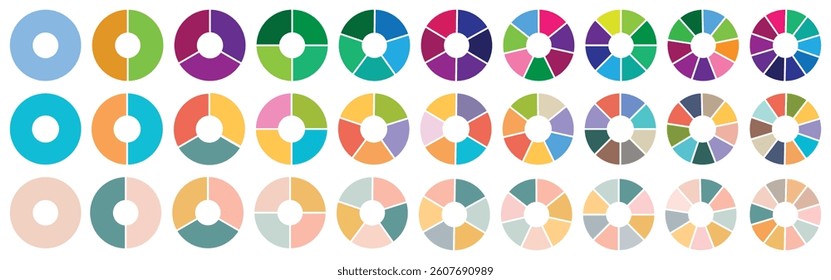 Circle icons for infographic. Colorful diagram collection with,1,2,3,4,5,6,7,8,9,10,sections and steps. Pie chart for data analysis, business presentation, UI, web design. Vector illustration. 