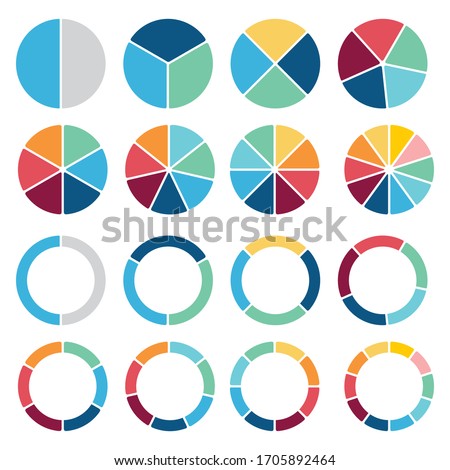 Circle icons for infographic. Colorful diagram collection with  2,3,4,5,6,7,8,9 sections and steps. Pie chart for data analysis, business presentation, UI, web design. Vector illustration. isolated on