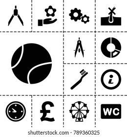 Circle icons. set of 13 editable filled circle icons such as no hair in skin, toothbrush, wc, ferris wheel, pie chart, pound, atom in hand, gear, clock, info, tennis ball